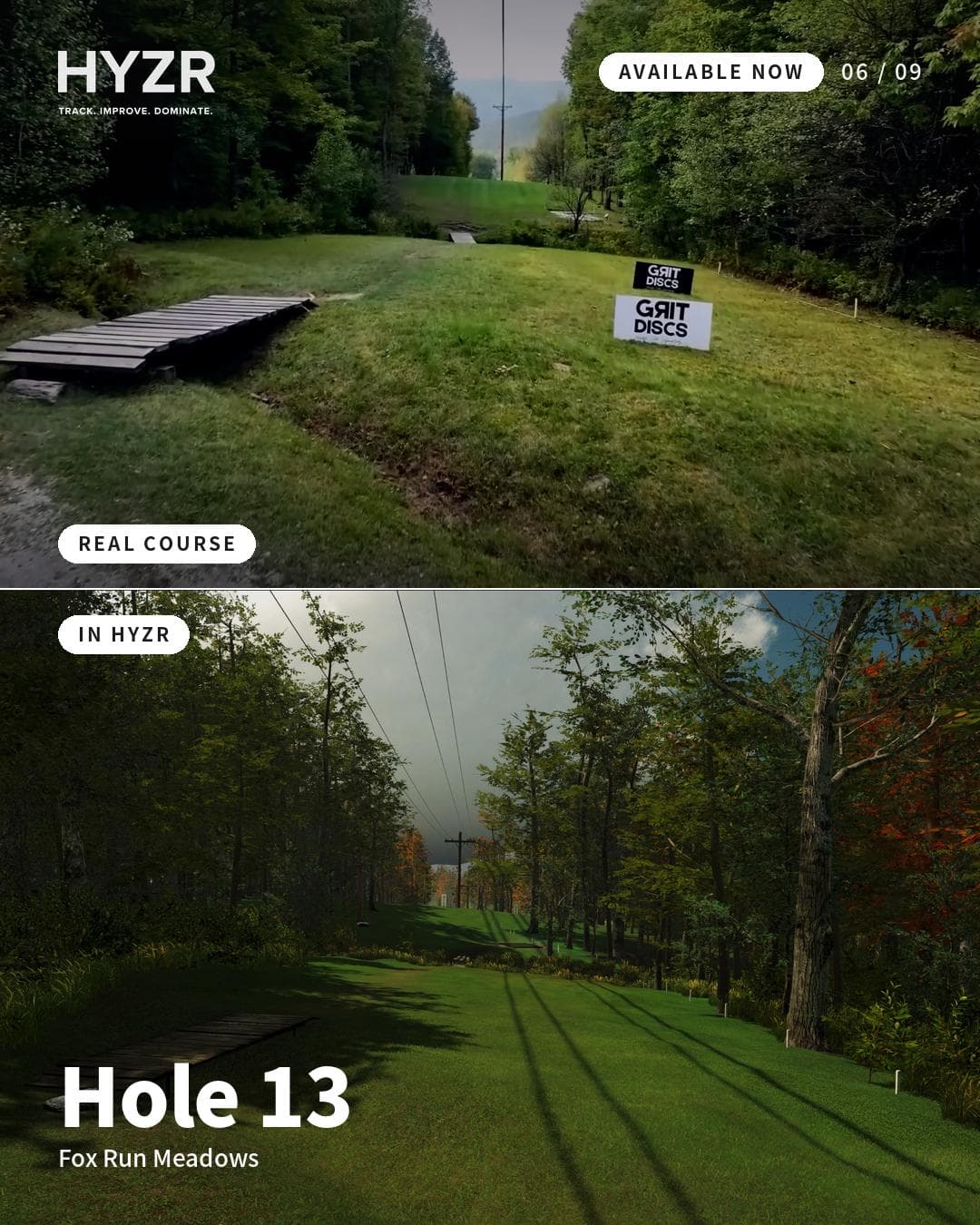 Fox Run Meadows hål 13 — riktiga banan jämfört med hur den ser ut i HYZR-simulatorn